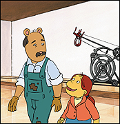 The animated version of Somerville artist Arthur Ganson walks through a scene with Muffy in the episode 'Muffy's Art Attack,' airing next week. 